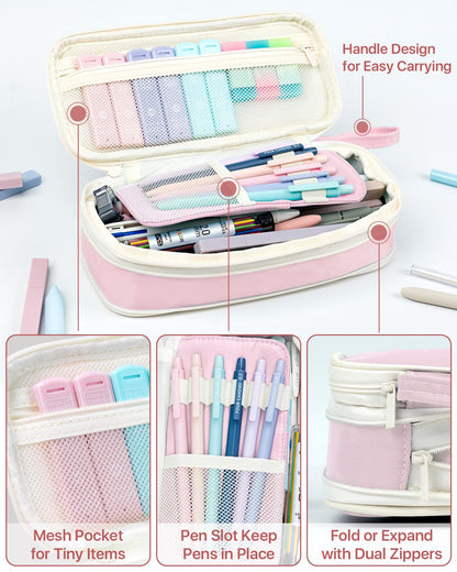 Four Candies 56 PCS Stationery Set, Cute Storage Case with Supplies, 6 Multicolor Pens, 12 Pastel Highlighters, 5 Gel Pens Black Ink, 9 Mechanical Pencils for College Essentials Stuff (Pink)