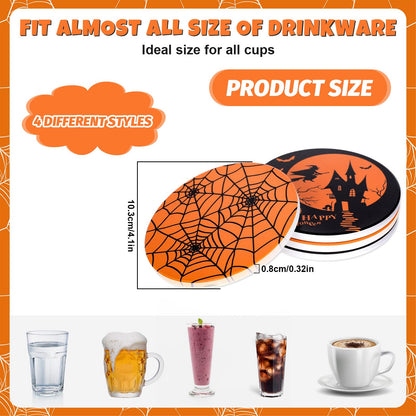 JarThenaAMCS 4Pcs Halloween Coasters Orange Black Round Ceramic Coaster Trick or Treat Heat-Resistant Cup Mats for Wooden Table Protection Home Party Supplies