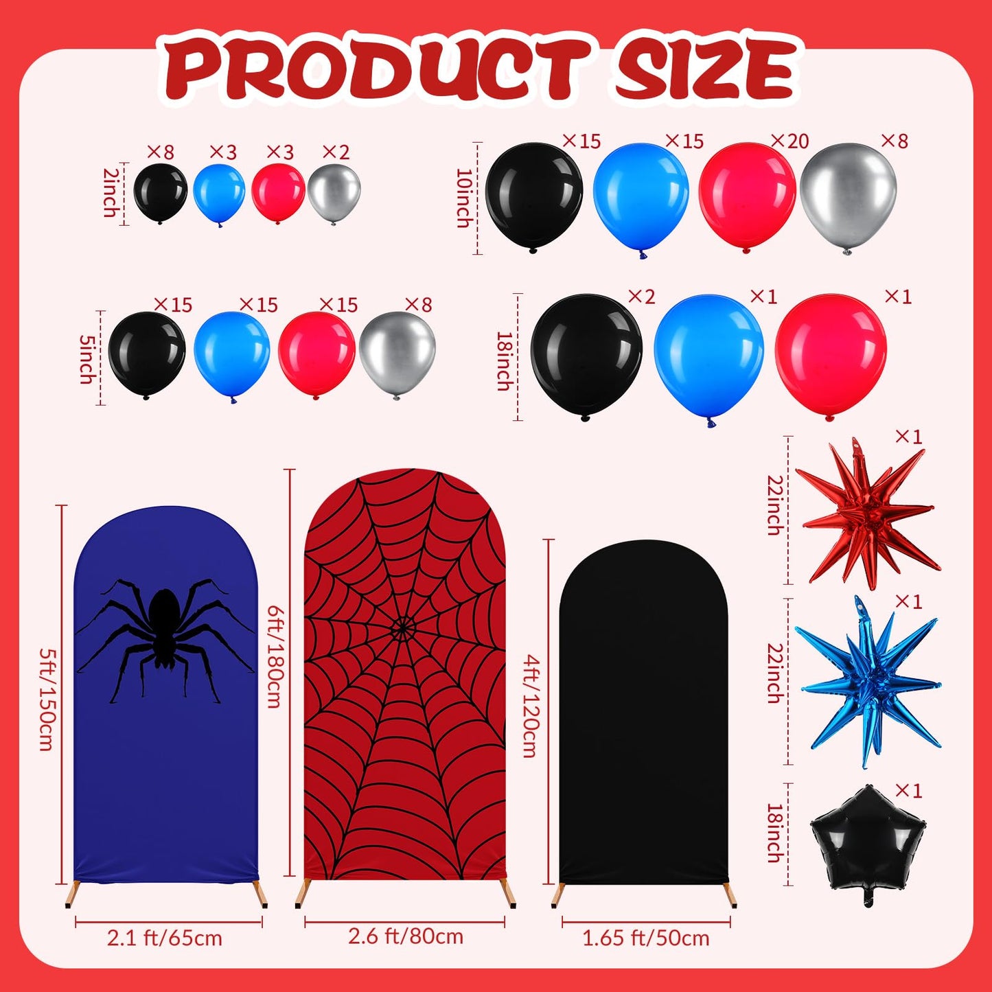 Hillsuren 137 Pcs Spider Web Theme Party Decoration Kit 4ft, 5ft, 6ft Red Black Blue Spider Web Arch Cover Backdrop Balloons Glue Ribbon Strip for Birthday Baby Shower Wedding Photography Decor