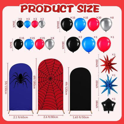 Hillsuren 137 Pcs Spider Web Theme Party Decoration Kit 4ft, 5ft, 6ft Red Black Blue Spider Web Arch Cover Backdrop Balloons Glue Ribbon Strip for Birthday Baby Shower Wedding Photography Decor
