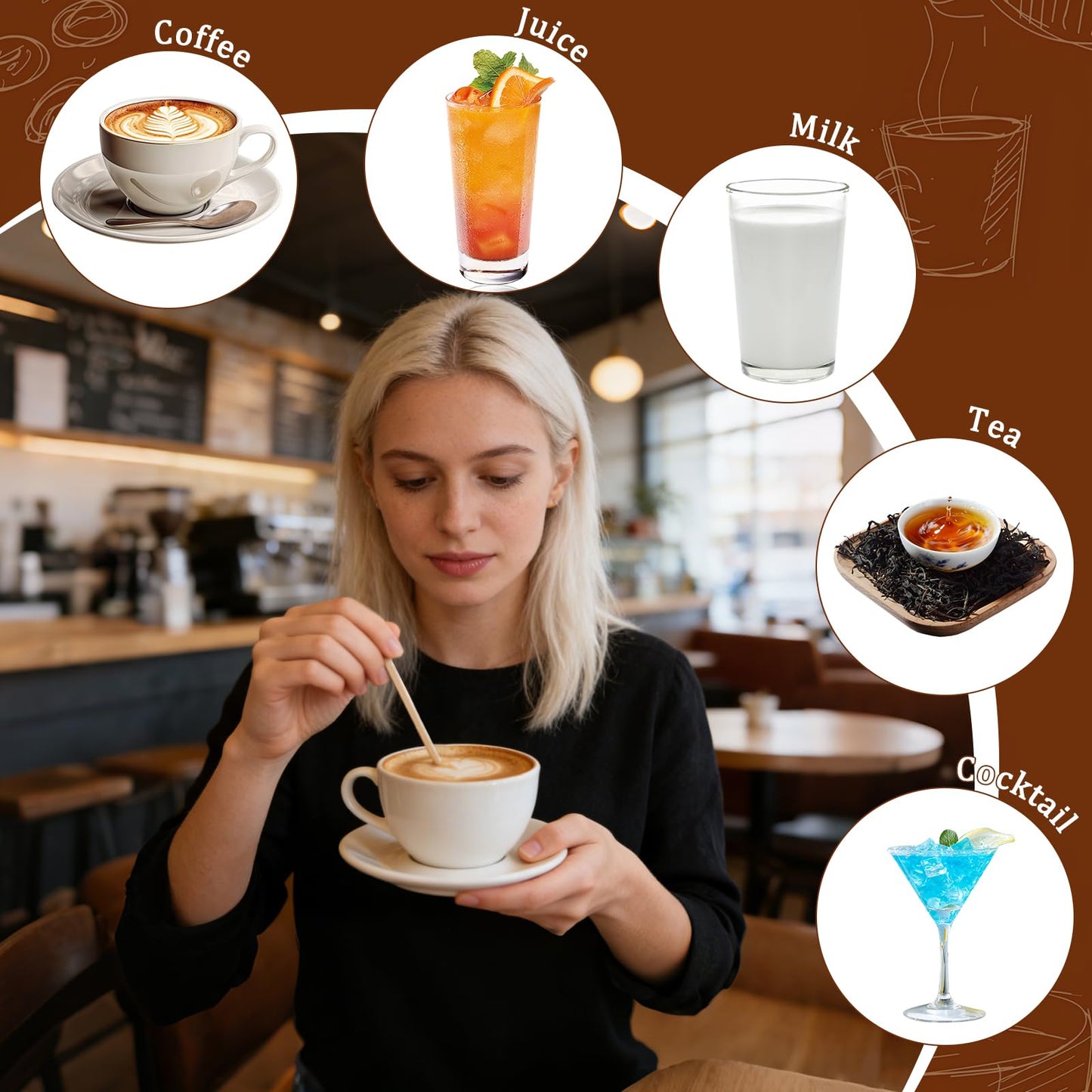 200-Count Coffee Stirrers Holder, 5-Inch Rattan Cocktail Stirrers, Wood Stir Sticks for Hot or Cold Beverages, Coffee Bar, Home Kitchen, Party Supplies & Halloween Decor
