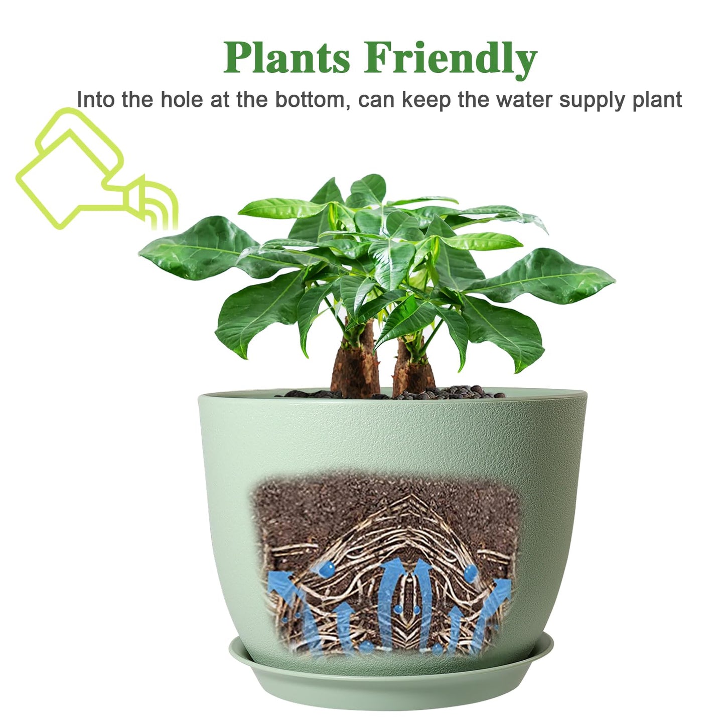 UOUZ 12inch Large Plant Pot, Modern Plastic Planter with High Driange Holes and Saucer for Indoor Outdoor Garden Plants and Flowers, Green