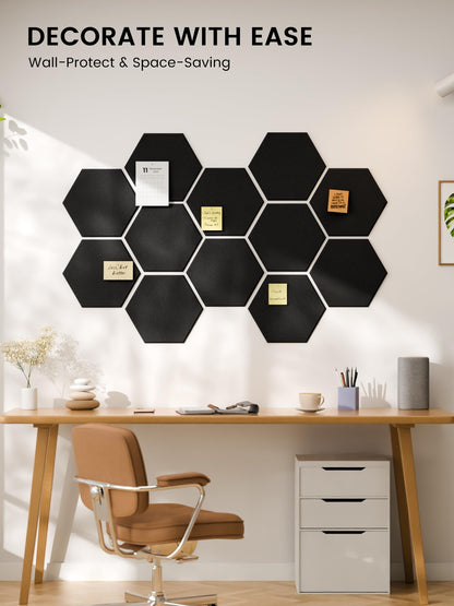 Fluxynara Hexagon Cork Board Alternative for Walls Decor-12-Pack Felt Bulletin Board Tiles,with 30 Pushpins,70 Adhesive Tabs for Office,Classrooms & Home Pin Board Felt Board-Black