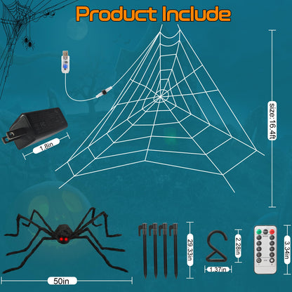 Halloween Giant Spider Web Lights, Spider Web Decoration with 50" Plush Spider & Stretch Cobweb, Powered by Adapter Plug, Remote Control 8 Lighting Modes, Perfect for Scary Halloween Yard Decorations
