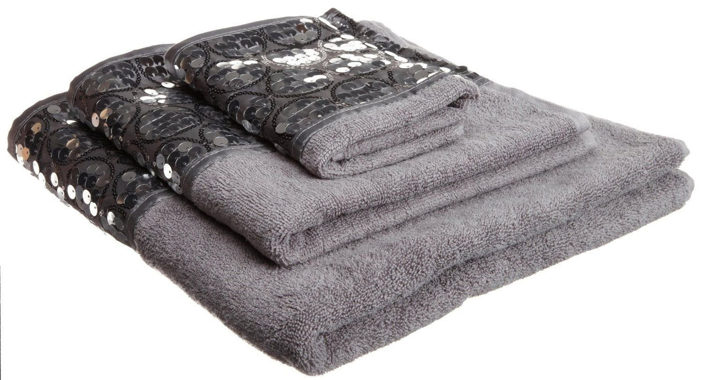 Popular Bath Sinatra Modern Bathroom Towel Set 3 Piece Bath, Hand and Wash Towel Luxury Contemporary Decor Bling , Soft, Plush and Highly Absorbent, Silver