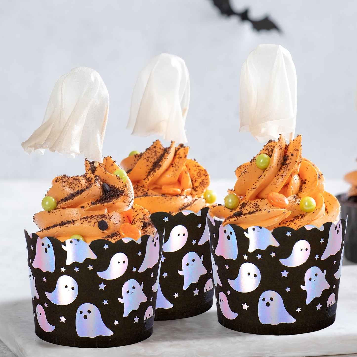 JarThenaAMCS 100Pcs Halloween Paper Baking Cups Holographic Ghost Star Cupcake Wrappers Iridescent Scalloped Edge Cupcake Muffin Cases for Halloween Little Boo Party Supplies