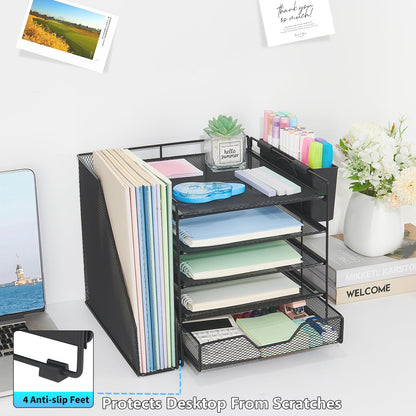 Gugsey Desk Organizers and Accessories, 5-Tier Paper Letter Tray Organizer with File Holder, Drawer & Pen Holder, Office Desk Accessories, Desktop Organizer for Classroom Office Supplies, Black