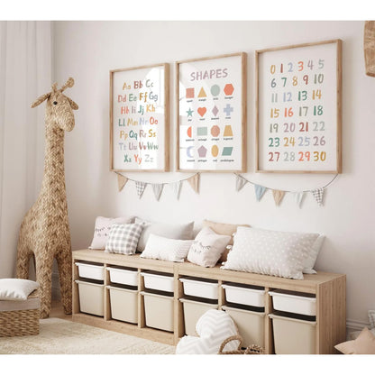Kids Playroom Wall Art Decor Nursery ABC Alphabet Poster Play Room Canvas Wall Decor Toddler Childrens Educational Artwork Numbers Shapes Prints ABC Picture for Playroom 12x16 Inch Unframed Set of 3