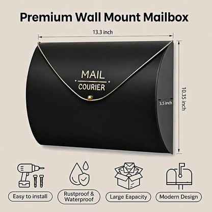Black Wall Mount Mailbox for Outside,Waterproof Metal Mailboxes with Rust-Proof Galvanized Steel,Large Capacity Envelope Mailbox for House,12.99 x 10.35 x 3.5 Inch