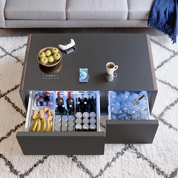 Smart Coffee Table with Fridge and Bluetooth, Smart Living Room Table with Frozen Drawers, Dual Speakers, 15W Wireless Charger, Touch Control, USB Ports, Atmosphere Light, LT90 Ultra-Brown