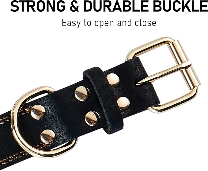 Genuine Leather Dog Collar, Heavy Duty Wide Dog Collar for Small, Medium, Large and Extra Large Dog (XL: 1.4" Wide for 18.6"-25.8" Neck, Single Stitch - Black)
