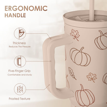 SANDJEST Pumpkin Tumbler with Handle and Straw 40oz – Stainless Sleel Slider Tumbler Travel Coffee Mug for Women - Gift Idea for Fall Autumn Halloween