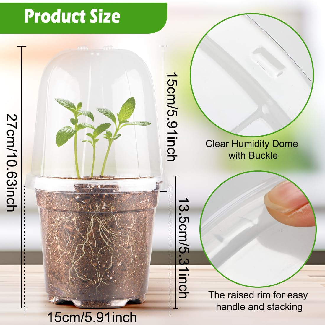 RooTrimmer 6 Inch Clear Nursery Pots with Humidity Dome, 15 Pack Durable Seed Starting Pot with Drainage Holes, Transparent Plastic Plant Seedling Pots for Indoor Gardening Plants