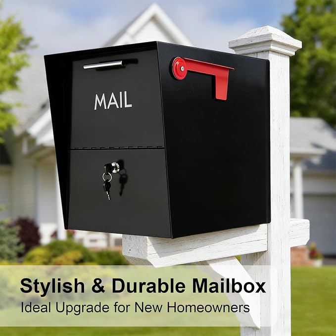 XL Post-Mount Mailbox, Weather Resistant, Large Outdoor Mailboxes, Galvanized Steel Heavy Duty Mailbox, Easy to Install, Flag Included, Anti-Theft Locking Mailbox with 2 Keys