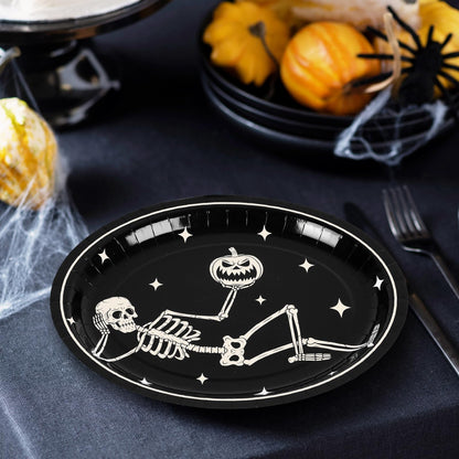 JarThenaAMCS 50Pcs Halloween Oval Paper Plates 10" x 12" Large Black White Skeleton Pumpkin Disposable Plates Spooky Platters for Halloween Holiday Party Tableware Supplies