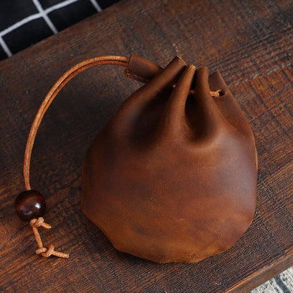 Wugebud 1 Pcs Mini Leather Drawstring Coin Purse Vintage Leather Coin Bag, Coin Organizer, Change Holder,Leather Drawstring Pouch for Men & Women