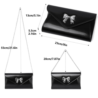 Gurina Evening Clutch Purse for Women with Bow Detail, Elegant PU Leather Shiny Party Bag with Detachable Chain Wedding Prom Handbag (Black L70)