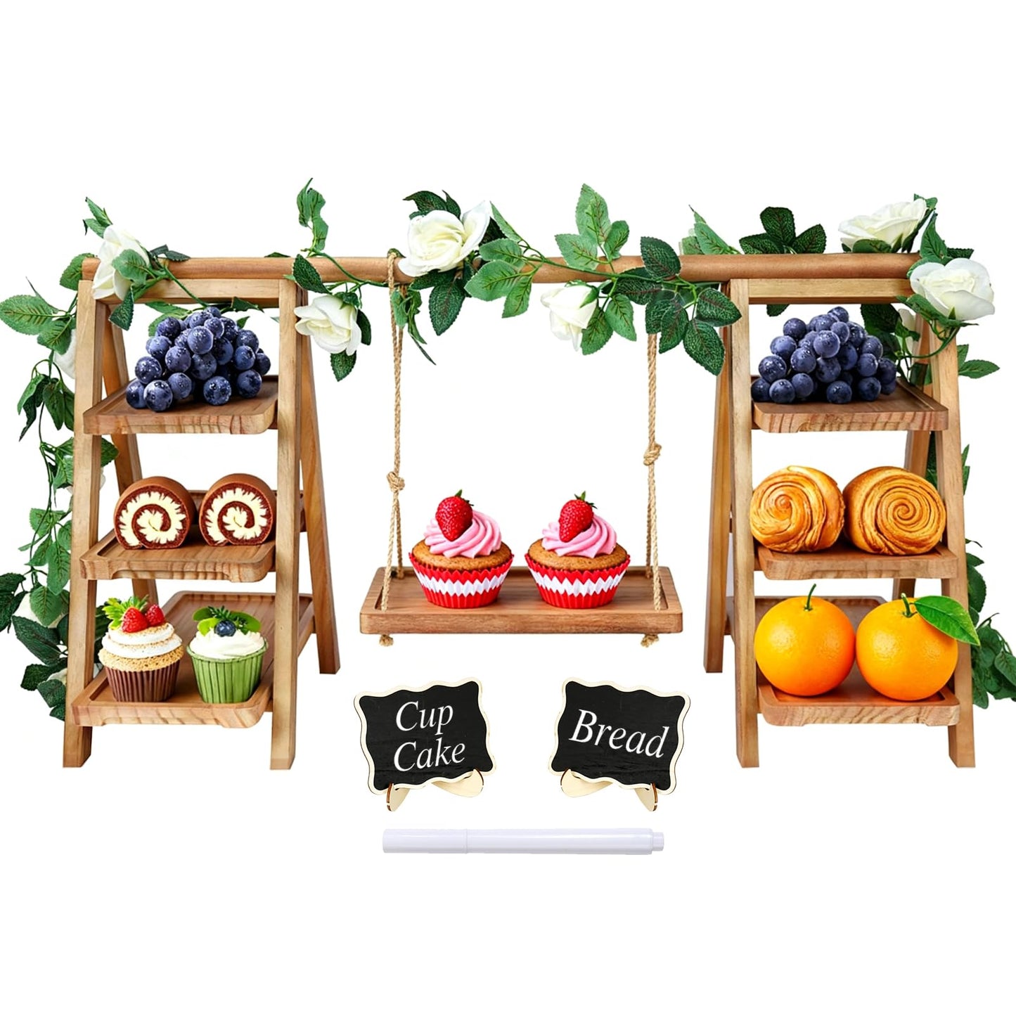 Erlsig Wooden 3 Tier Cupcake Stand with Swing, Rustic Pine Wood Dessert Display Stand with Removable Trays, Foldable A-Frame Ladder Rack for Cake Fruit Snack, Perfect for Wedding Party Birthday