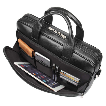 Augus Genuine Leather Messenger Bag for Men Vintage Travel Backpack 14 inch laptop Briefcase Shoulder Bags Black With YKK Metal Zipper