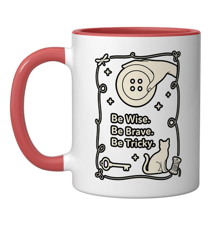 Halloween Witch Cat Sewing Design - Be Wise Be Brave Be Tr!C Ceramic Mug, Red/White