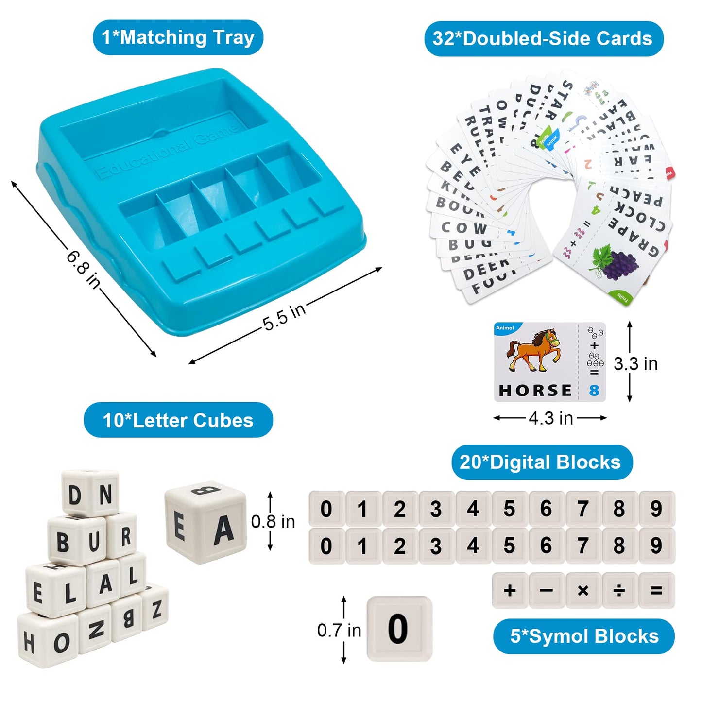 Matching Letter Game for Kids, 2 in 1 Educational Toys Alphabet Spelling & Reading, Number & Color Recognition Learning Flash Cards Birthday Gifts for Preschool Kindergarten Boys & Girls (Light Blue)