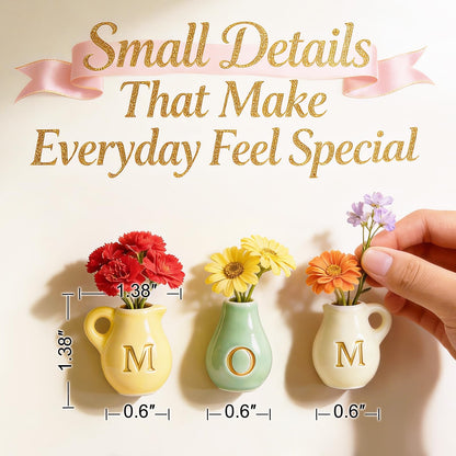 Mini Ceramic Vase Fridge Magnets – Tiny 3D Flower Vase Refrigerator Magnets with Fake Flowers, Cute Kitchen & Home Decor, Unique Birthday for Mom & Women