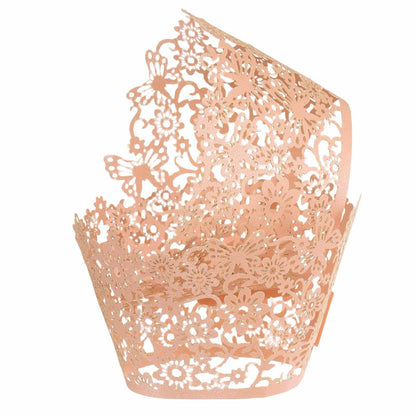 HARFINGTON 100 Pcs Lace Cupcake Liners Hollow Butterfly Designed Hollow Out Cupcake Wraps Artistic Bake Cake Paper Cups for Anniversary Birthday Weddings Parties, Light Pink