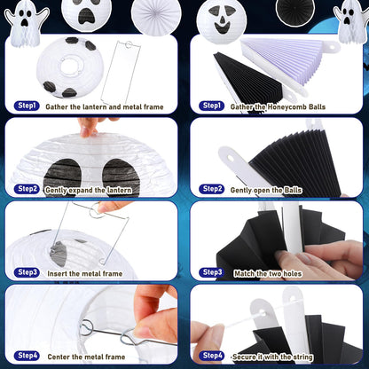 Humyoun 18 Pcs Halloween Party Decorations Kit Ghost Spooky Paper Lanterns Hanging Fans 3D White Ghost Honeycomb Ball for Indoor Outdoor Halloween Scary Party Supplies Haunted House Ceiling Decor