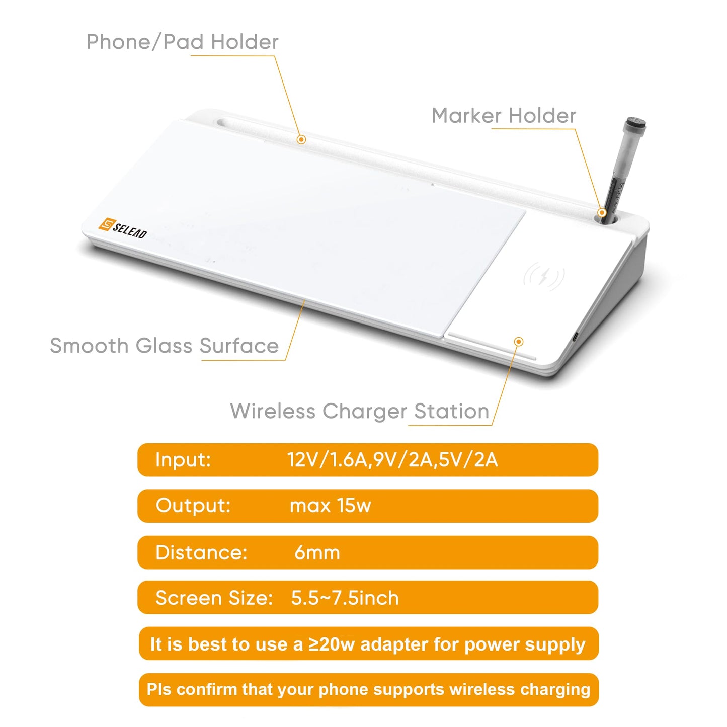 SELEAD Desktop Glass Whiteboard with Wireless Charger Station & Built-in Mirror, Dry Erase Board Computer Pad Keyboard Stand with Organizer for Home, School, Office Desk Accessories, White