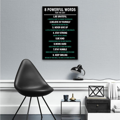PSYYSP 8 Powerful Words Motivational Framed Canvas Wall Art, Black Teal Inspirational Typography Poster, Daily Affirmation Quote Print for Home Office, Bedroom, Dorm, Study Room Decor, 18x12 Inch