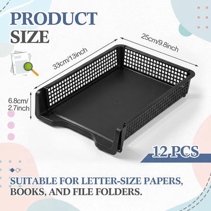 Geetery Set of 12 Plastic Trays for Teachers Turn in Trays Classroom Stackable Paper Tray Plastic Classroom Teachers Desk Letter Organizer Storage Baskets for Office, Desk, Home (Black)