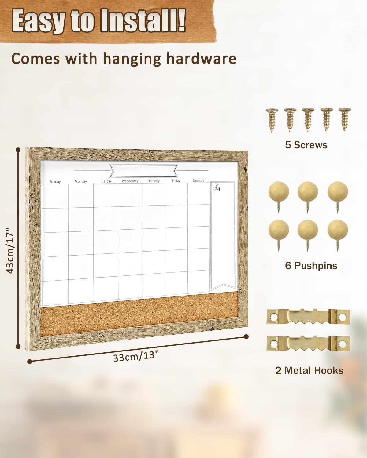 Dry Erase Calendar Whiteboard for Wall, Small Combination Magnetic Dry Erase White Board & Bulletin Board, 13" x 17" Rustic Brown Frame Calendar/Cork Combo Board(RB-3343)