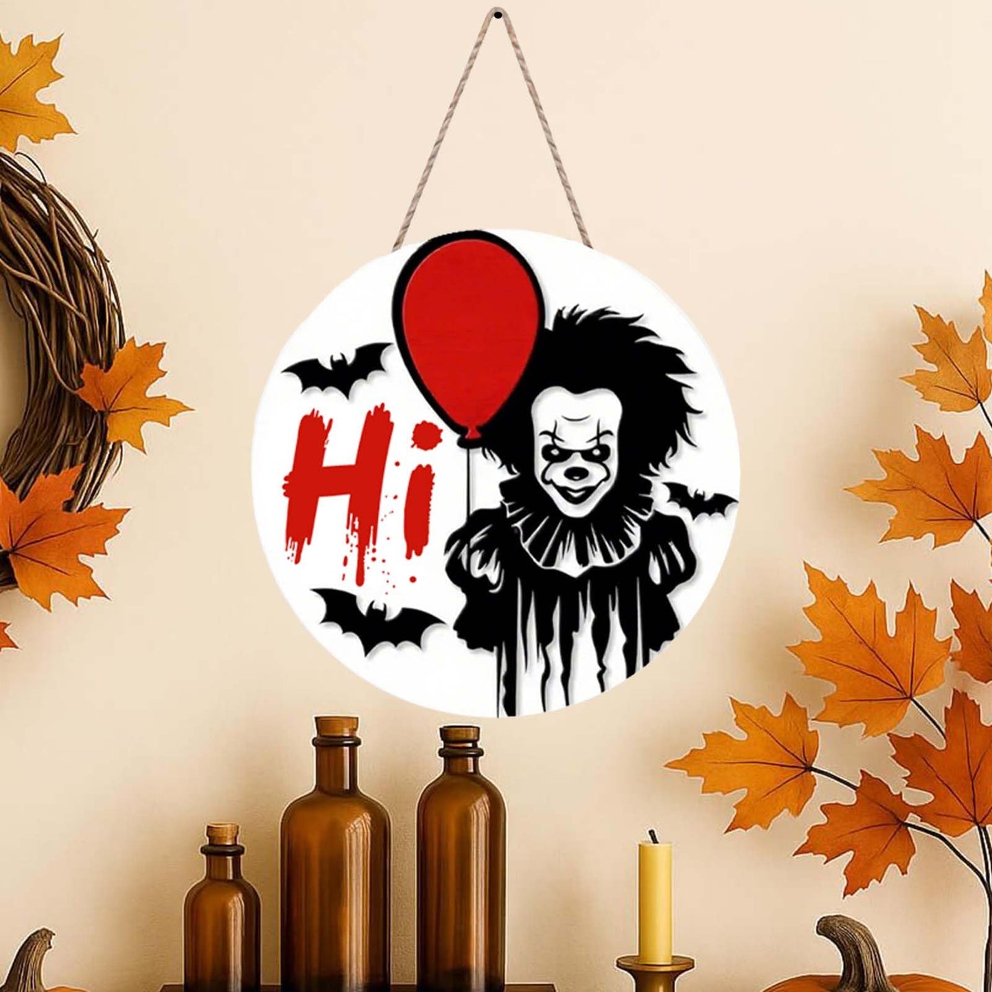 Halloween Welcome Sign Halloween Horror Characters Wooden Door Hanger Funny Window Wall Decor 12×12in