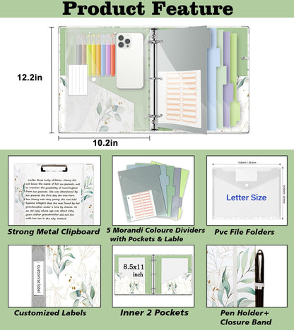 3 Ring 1 Inch Binder Organizer, KLLVE Three Ring Binders with Clipboard, 5 Pocket Divider with tabs, Folder, 18 Divider Stikers, Pen Loop (Leaves, Letter Size)