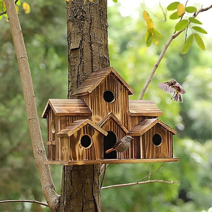 6 Hole Handmade Bird House, Bird Houses for Outside, Hummingbird House, Hanging Nest Box for Birds, Outdoor Wooden Birdhouses for Outside, Backyard, Garden, Patio, Nature Lovers Gift (2pcs)
