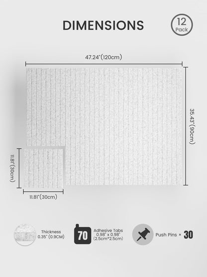 Bumusty Large Cork Board Alternative-48 x 36" Felt Bulletin Board Tiles, with 30 Pushpins, 70 Adhesive Tabs, Fine-Stripe 12-Pack, Cork Boards for Office Push Pin Board Felt Board-Light Gray