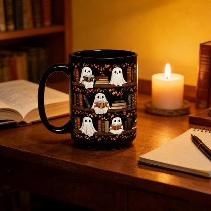 BORULEEY Halloween Cute Ghost Reading Coffee Mug, 15 oz Black Ceramic Tea Cup, Spooky Book Mug for Book Lovers & Readers, Novelty Fun Festive Bookish Gift for Women, Friends & Coworkers
