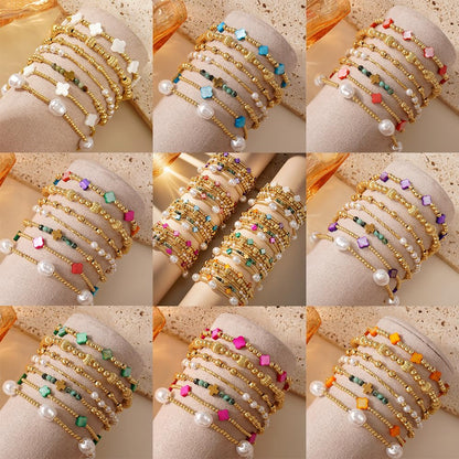 SHINUS BOHO 14K Gold Beaded Pink Clover Stackable Bracelets for Women,7PCS/Set Boho Cross Pearl Beads Stretch Bracelet Stack Fashion Holiday Birthday Prom Jewelry Accessories Gift Friendship Sister