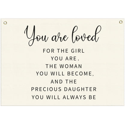 Canvas Banner Wall Decor Hanging Rectangular Poster Flag Sign,Nursery Playroom Bedroom Babyroom Decor,Baby Shower Christmas Gift for Kid Girl-You are Loved for The Girl You Are-28.5"Lx 20"W