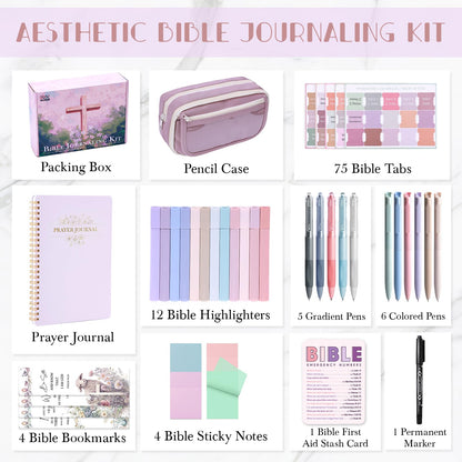 XKDOUS Bible Study Supplies Journaling Kit for Women, Bible Study Kit, 12 Pastel Highlighters and 12 Pens No Bleed, 75 Laminated Tabs, Prayer Journal Pencil Case and More, Purple