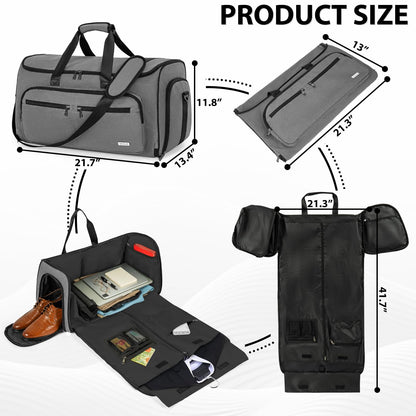 AKOZLIN Convertible Garment Bag for Travel 3 in 1 Carry On Garment Duffle Bag with Shoes Compartment Hanging Suitcase Suit Travel Storage Bags For Men Women Grey