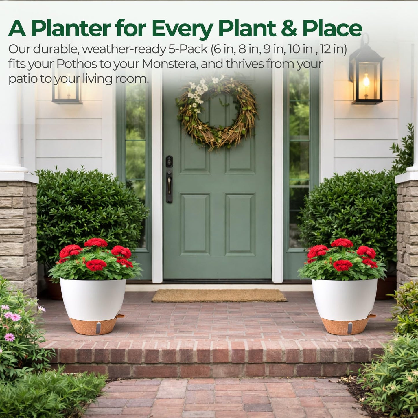 T4U 5 Pack Self Watering Pots (6"+8"+9"+10"+12") - Water Level Indicator & Deep Reservoir, Mess-Free Planters for Busy People, Beginners & Gardeners, Fit Most Plants, Indoor Outdoor Use (White)