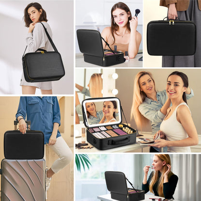 15''X11'' Large Capacity Makeup Bag with LED Mirror, Professional Makeup Case Organizer with 3 Color Light Adjustable Brightness, Travel Make up Cosmetic Case with Detachable Dividers & Shoulder Strap