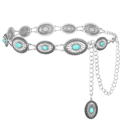 SANSTHS Western Metal Concho Belt for Women, Waist Chain Cowgirl Belt for Dresses Pants Jeans with Silver Chain, green gem S