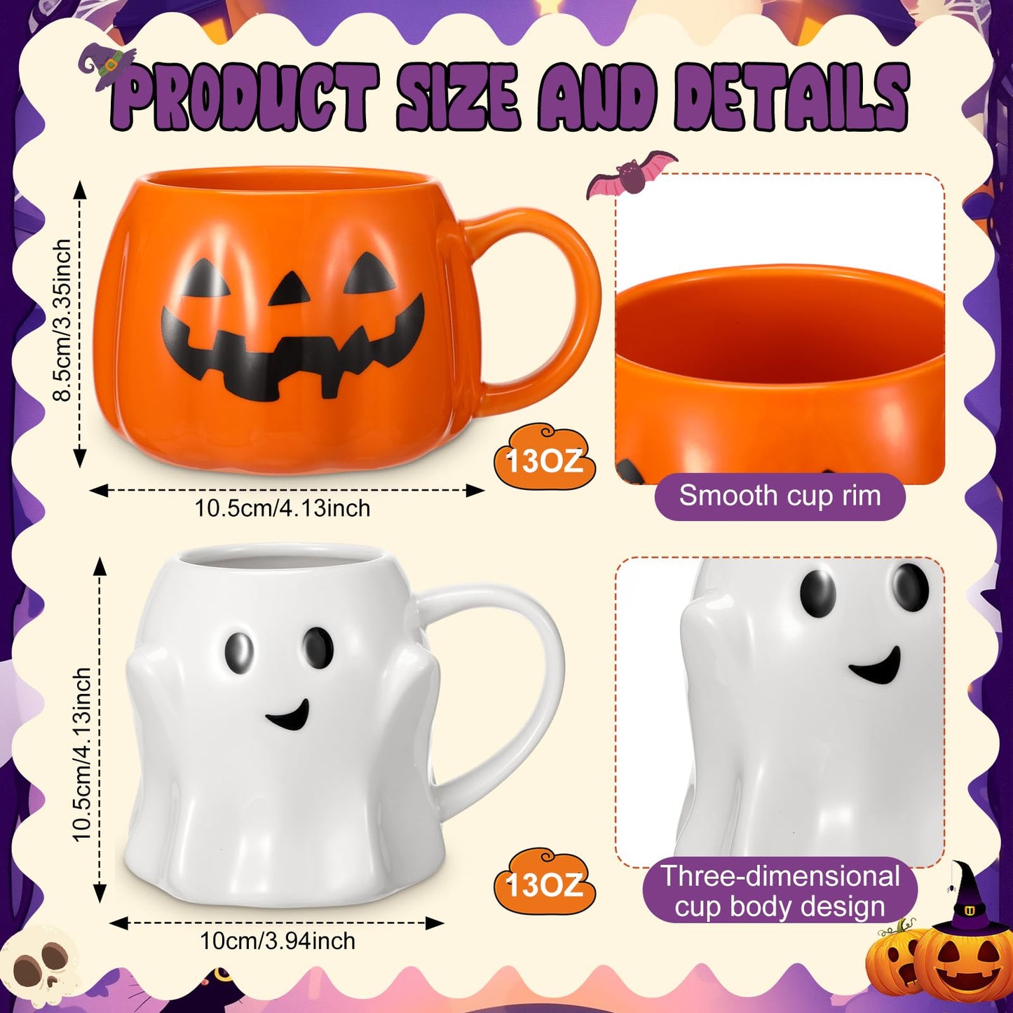 Didaey 4 Pcs 14oz Halloween Pumpkin Mug Ghost Coffee Mug Cute Pumpkin Coffee Cup Halloween Ceramic Cups for Home Decorations