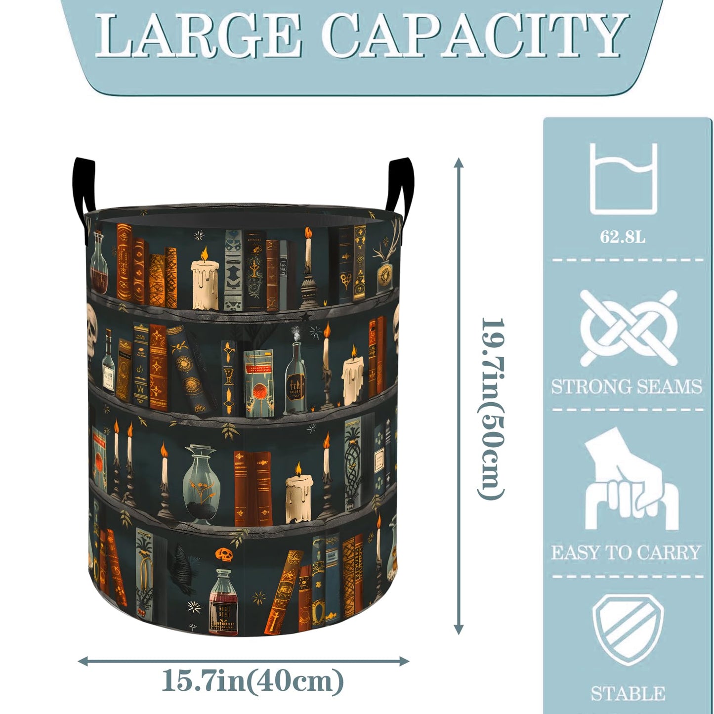 VODRM Gothic Witchcraft Bookshelf Basket, Dirty Collapsible Clothes Toy Organizer Hamper for Kids Adults, Oxford Cloth Waterproof Storage Bin for Bedroom Bathroom Magic Decor Gifts, 19.7"X15.7"