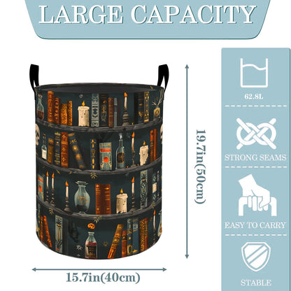 VODRM Gothic Witchcraft Bookshelf Basket, Dirty Collapsible Clothes Toy Organizer Hamper for Kids Adults, Oxford Cloth Waterproof Storage Bin for Bedroom Bathroom Magic Decor Gifts, 19.7"X15.7"