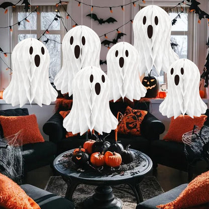LUANTIANPAI Halloween Ghost Honeycomb Hanging Decorations 6 Pcs White Table Centerpiece Paper Hanging Ornaments Halloween Party Window Spooky Haunted House Desk Decor