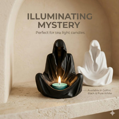 6" Gothic Ghost Candle Holder - Faceless Wizard Tea Light Burner, Dark Academia Bookshelf Decor for Halloween - Resin (White)