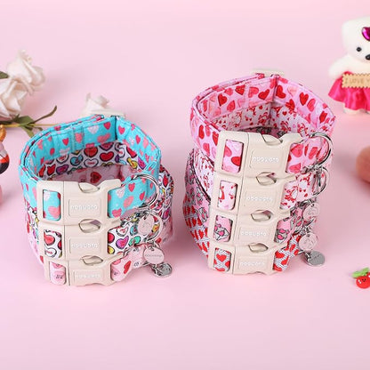DOGWONG Valentine's Dog Collar - Pink Heart Adjustable Cotton Heart Dog Collar - Perfect for Small to Medium Dogs